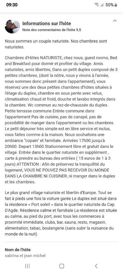 Chambres D'Hotes Naturiste, Village Naturiste Cap D'Agde, Draps, Serviette, Cafe, Menage Inclus En Fin De Sejour Exterior foto